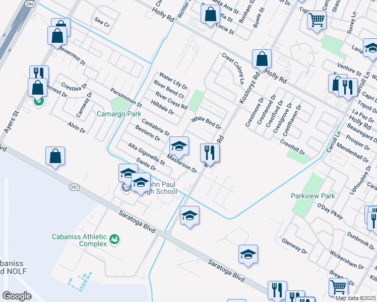 map of restaurants, bars, coffee shops, grocery stores, and more near 3126 Masterson Drive in Corpus Christi