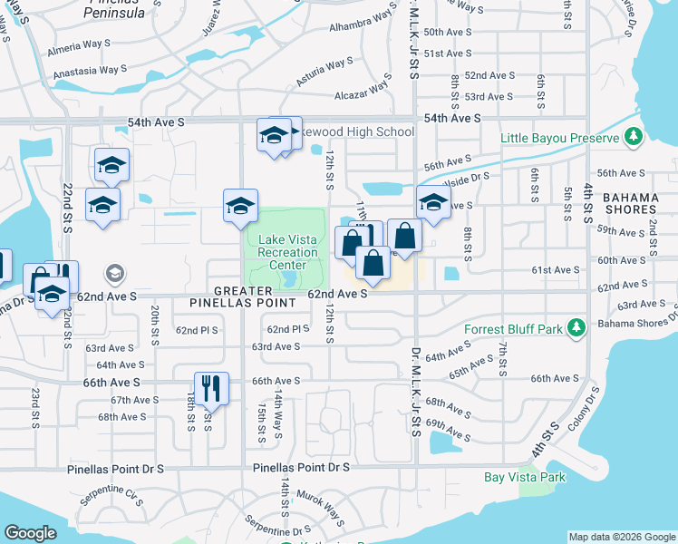 map of restaurants, bars, coffee shops, grocery stores, and more near 6100 12th Street South in Saint Petersburg