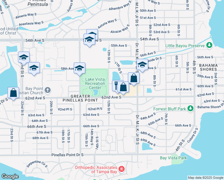 map of restaurants, bars, coffee shops, grocery stores, and more near 6100 12th Street South in St. Petersburg