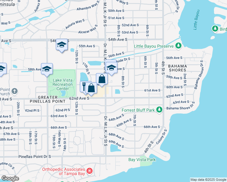 map of restaurants, bars, coffee shops, grocery stores, and more near 6141 Highland Street South in St. Petersburg