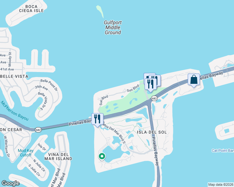 map of restaurants, bars, coffee shops, grocery stores, and more near 6180 Sun Boulevard South in St. Petersburg