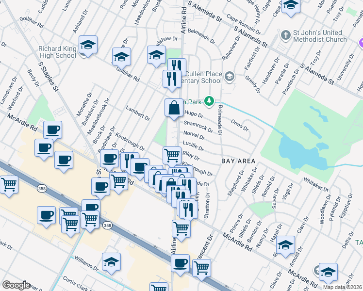 map of restaurants, bars, coffee shops, grocery stores, and more near 5807 Riley Drive in Corpus Christi