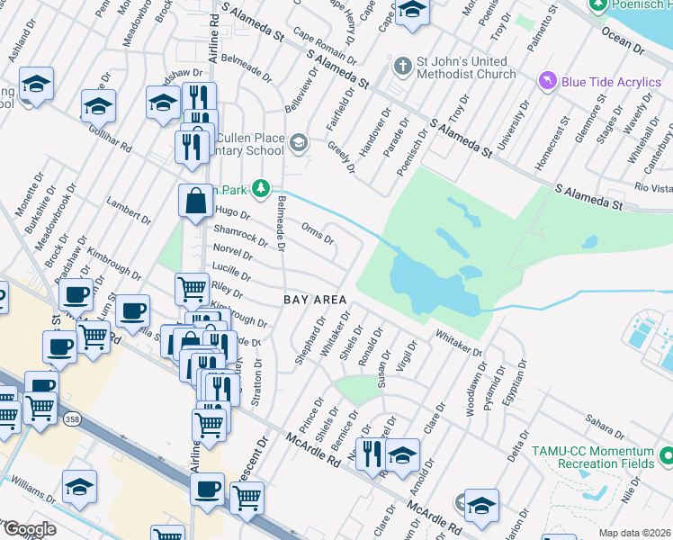 map of restaurants, bars, coffee shops, grocery stores, and more near 6061 Hugo Drive in Corpus Christi