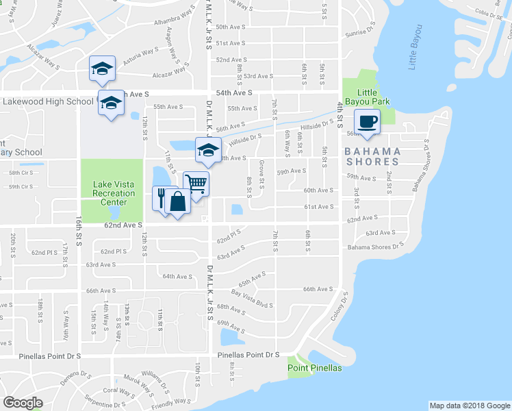 map of restaurants, bars, coffee shops, grocery stores, and more near 739 61st Avenue South in St. Petersburg
