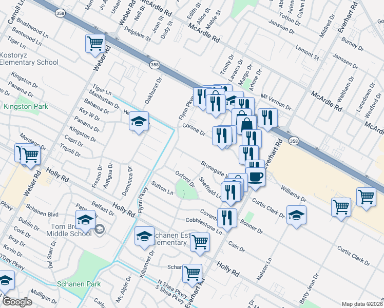 map of restaurants, bars, coffee shops, grocery stores, and more near 4506 Sheffield Lane in Corpus Christi