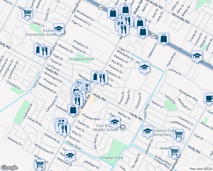 map of restaurants, bars, coffee shops, grocery stores, and more near 4113 Monaco Street in Corpus Christi