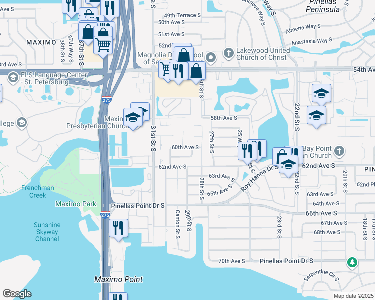 map of restaurants, bars, coffee shops, grocery stores, and more near 2916 60th Avenue South in St. Petersburg
