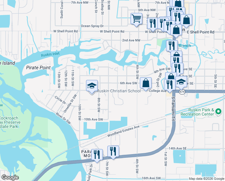 map of restaurants, bars, coffee shops, grocery stores, and more near 606 College Avenue West in Ruskin