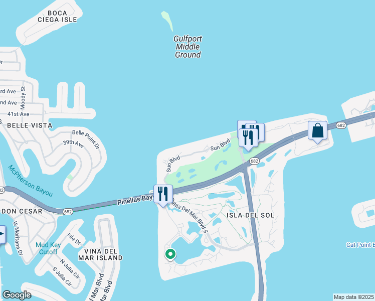 map of restaurants, bars, coffee shops, grocery stores, and more near 6211 Sun Boulevard South in St. Petersburg