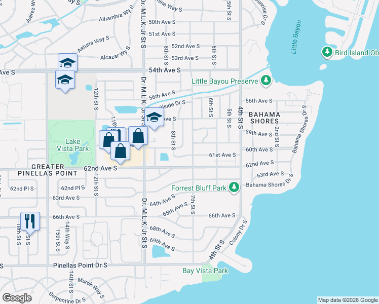 map of restaurants, bars, coffee shops, grocery stores, and more near 6035 7th Street South in St. Petersburg