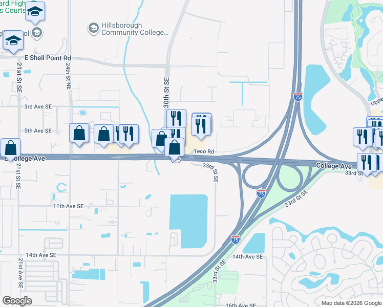 map of restaurants, bars, coffee shops, grocery stores, and more near 100-138 Teco Road in Ruskin