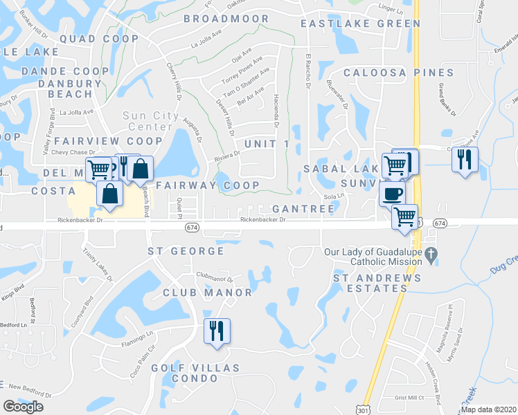 map of restaurants, bars, coffee shops, grocery stores, and more near 709 West Brocton Place in Sun City Center