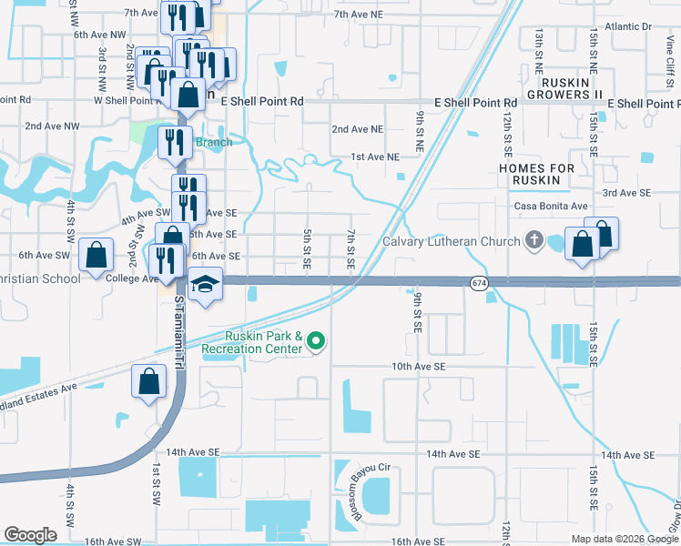 map of restaurants, bars, coffee shops, grocery stores, and more near 603 6th Avenue Southeast in Ruskin
