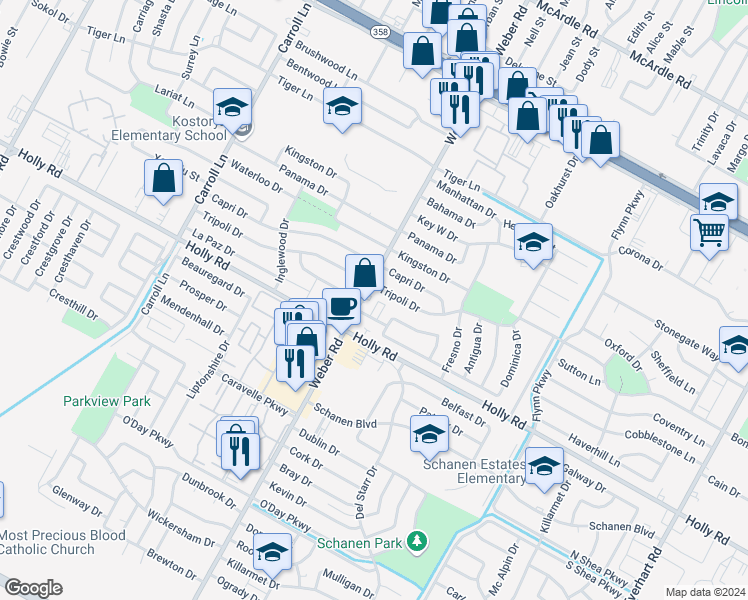 map of restaurants, bars, coffee shops, grocery stores, and more near 5620 Weber Road in Corpus Christi