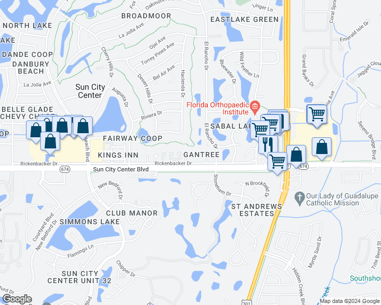 map of restaurants, bars, coffee shops, grocery stores, and more near 709 Huxley Place in Sun City Center