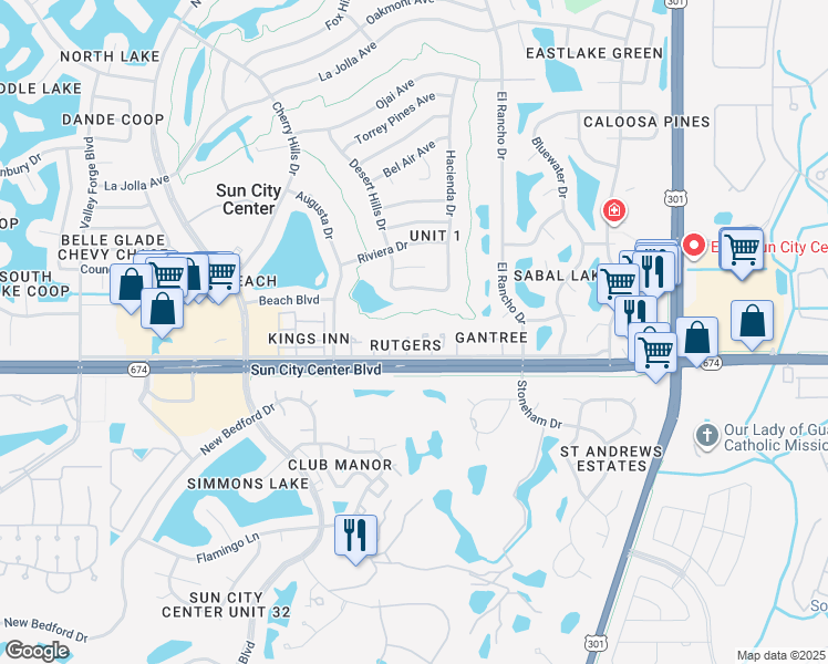 map of restaurants, bars, coffee shops, grocery stores, and more near 708 Rutgers Place in Sun City Center