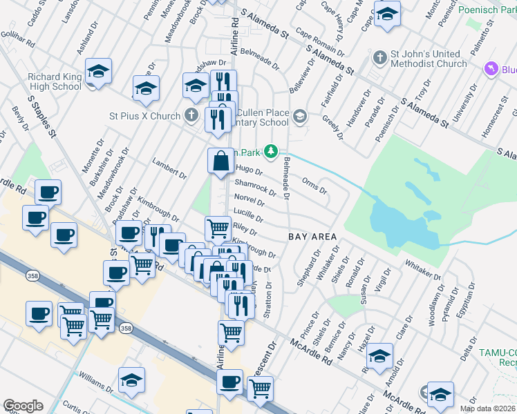 map of restaurants, bars, coffee shops, grocery stores, and more near 5834 Norvel Drive in Corpus Christi