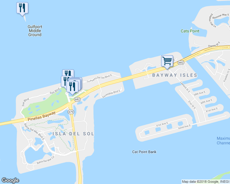 map of restaurants, bars, coffee shops, grocery stores, and more near 5601 Escondida Boulevard South in Saint Petersburg