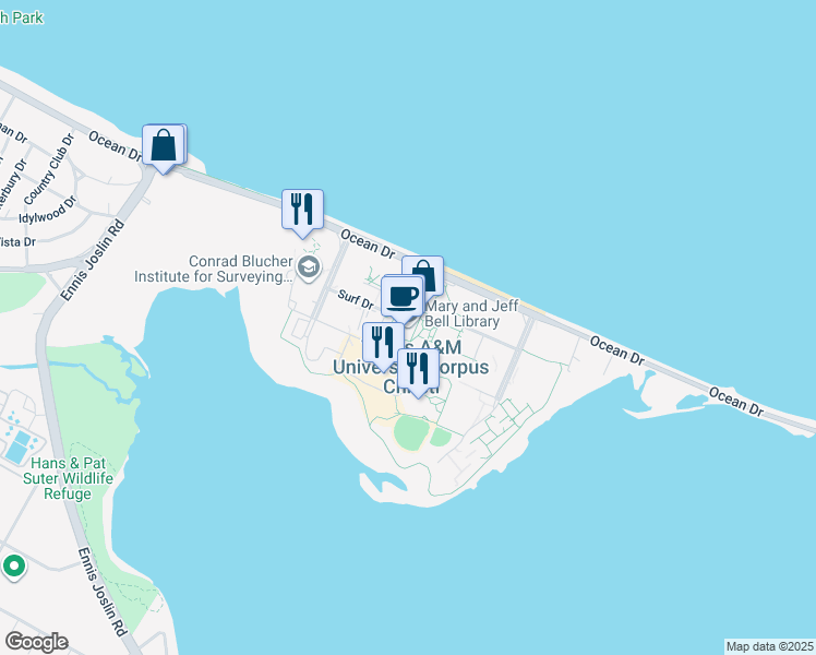 map of restaurants, bars, coffee shops, grocery stores, and more near 6300 Ocean Drive in Corpus Christi