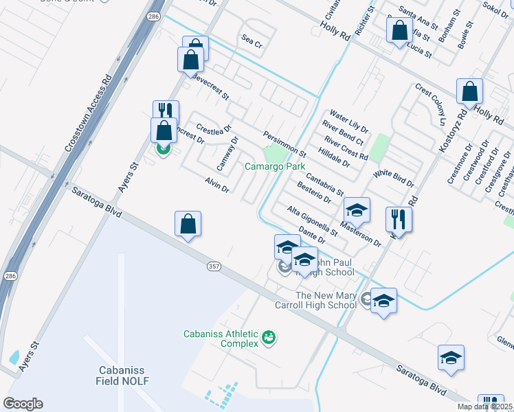 map of restaurants, bars, coffee shops, grocery stores, and more near 2770 Camargo Drive in Corpus Christi