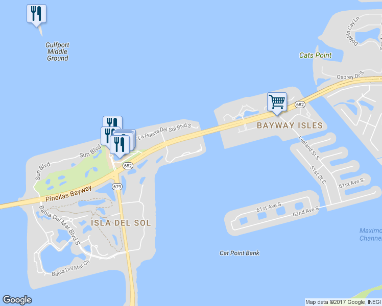 map of restaurants, bars, coffee shops, grocery stores, and more near 5601 Escondida Boulevard South in St. Petersburg