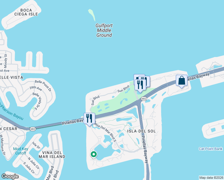 map of restaurants, bars, coffee shops, grocery stores, and more near 6145B Sun Boulevard in St. Petersburg