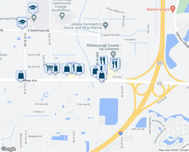 map of restaurants, bars, coffee shops, grocery stores, and more near 2810 Highway 674 in Ruskin