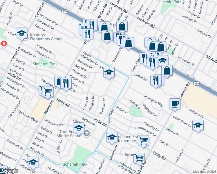map of restaurants, bars, coffee shops, grocery stores, and more near 5414 Tripoli Drive in Corpus Christi