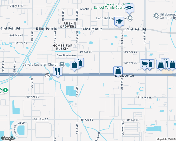 map of restaurants, bars, coffee shops, grocery stores, and more near 1588 East College Avenue in Ruskin