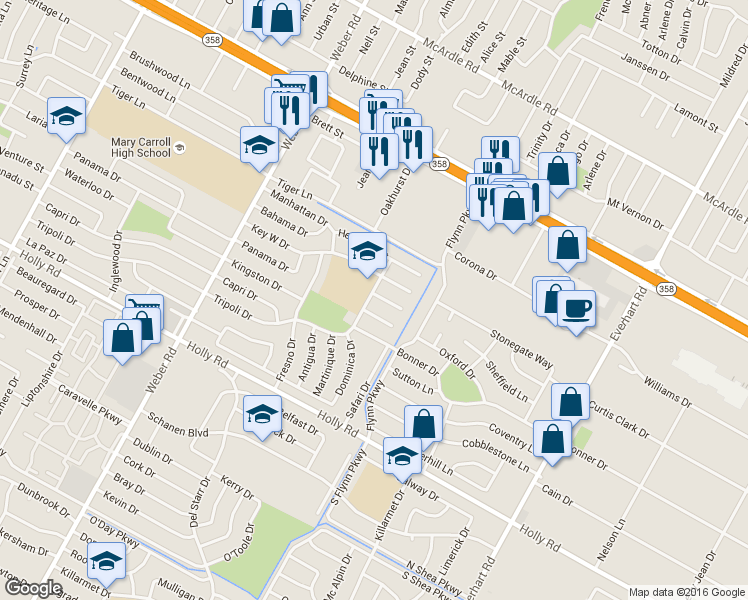 map of restaurants, bars, coffee shops, grocery stores, and more near 5414 Tripoli Drive in Corpus Christi