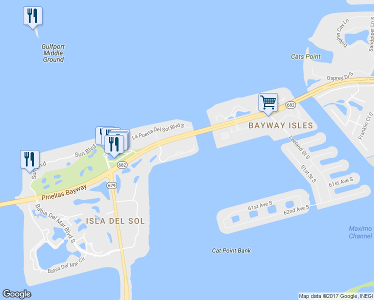 map of restaurants, bars, coffee shops, grocery stores, and more near 5601 Escondida Boulevard South in Saint Petersburg