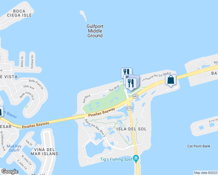 map of restaurants, bars, coffee shops, grocery stores, and more near 6051 Sun Boulevard in St. Petersburg