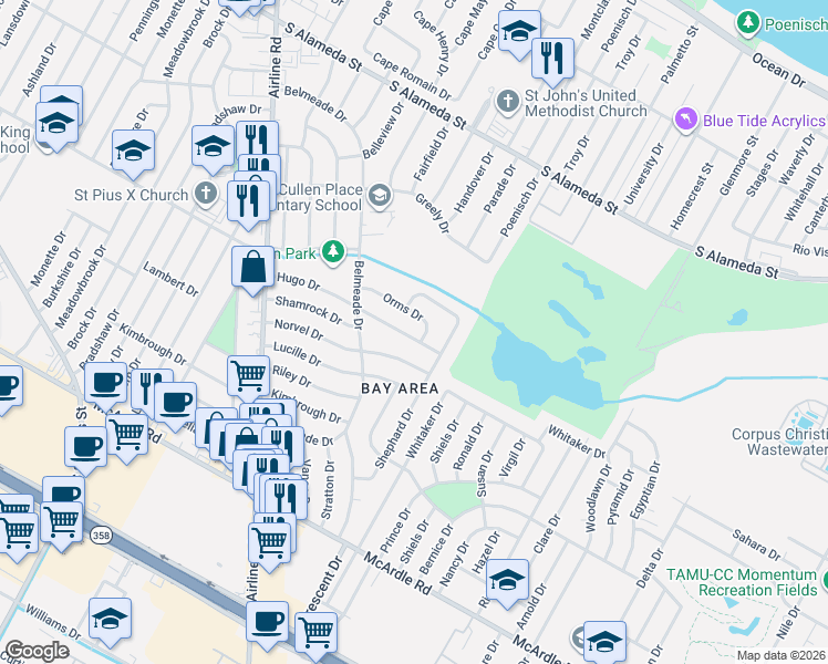 map of restaurants, bars, coffee shops, grocery stores, and more near 6066 Orms Drive in Corpus Christi