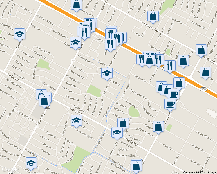 map of restaurants, bars, coffee shops, grocery stores, and more near 5414 Tripoli Drive in Corpus Christi