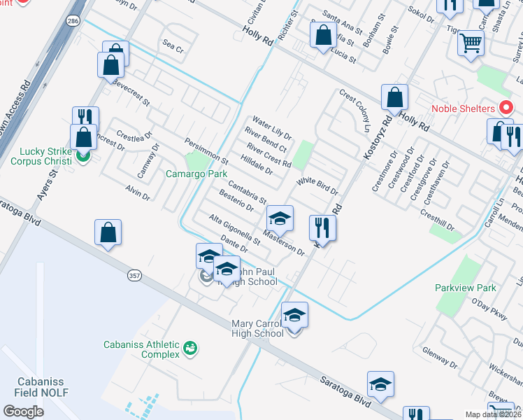 map of restaurants, bars, coffee shops, grocery stores, and more near 3041 Cantabria Street in Corpus Christi