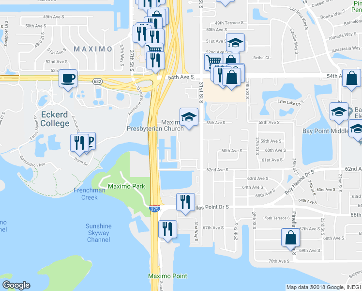 map of restaurants, bars, coffee shops, grocery stores, and more near 5930 Anchorage Way South in St. Petersburg