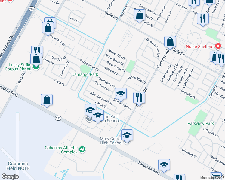 map of restaurants, bars, coffee shops, grocery stores, and more near 3041 Cantabria Street in Corpus Christi