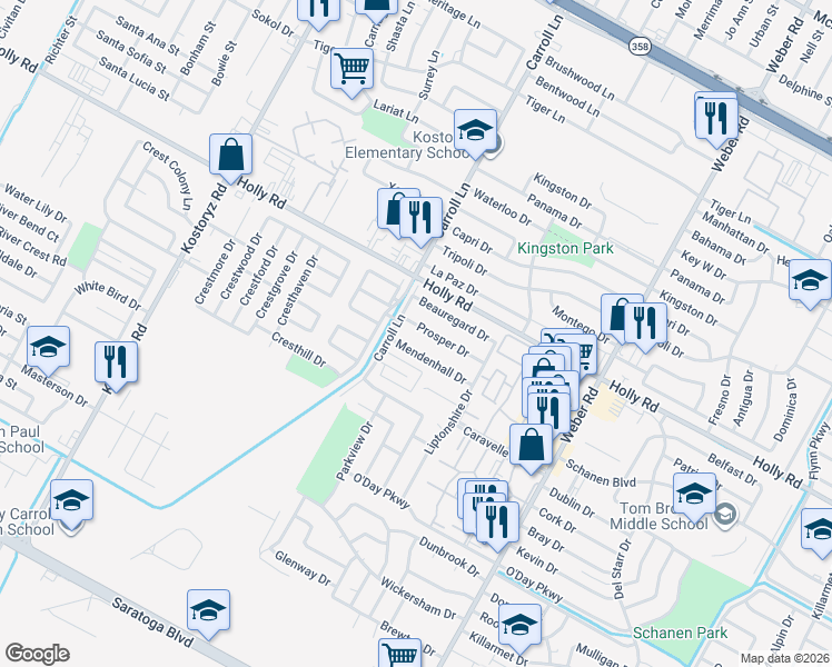 map of restaurants, bars, coffee shops, grocery stores, and more near 3613 Prosper Drive in Corpus Christi