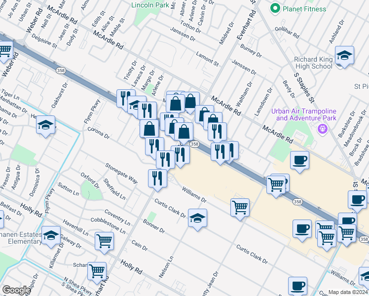 map of restaurants, bars, coffee shops, grocery stores, and more near 4801 South Padre Island Drive in Corpus Christi