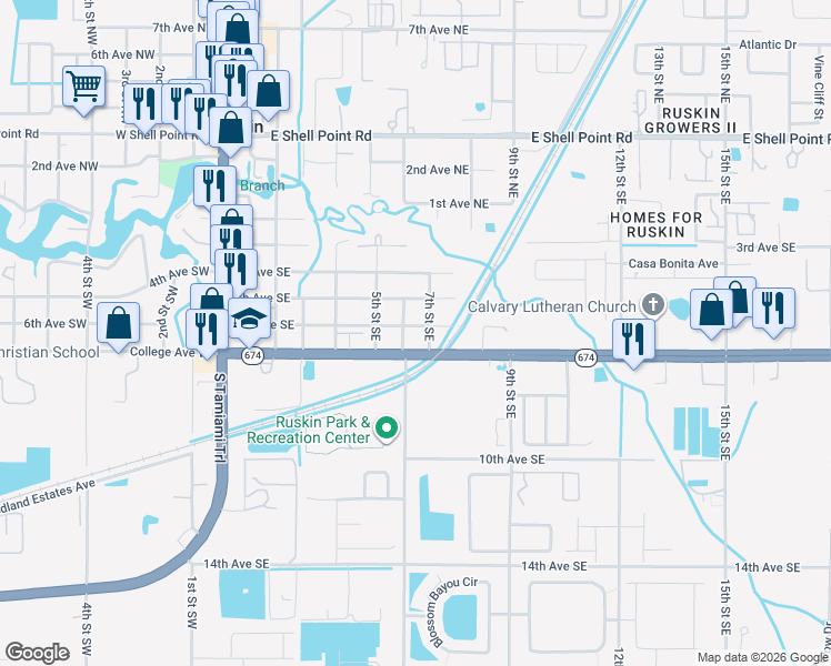 map of restaurants, bars, coffee shops, grocery stores, and more near 603 6th Avenue Southeast in Ruskin