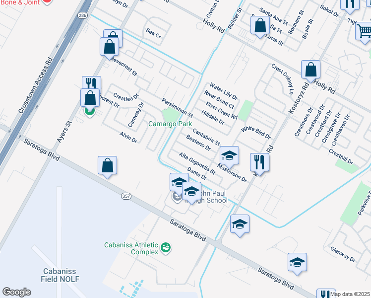 map of restaurants, bars, coffee shops, grocery stores, and more near 2925 Masterson Drive in Corpus Christi