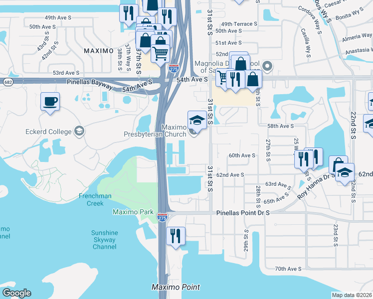 map of restaurants, bars, coffee shops, grocery stores, and more near 5906 Anchorage Way South in St. Petersburg