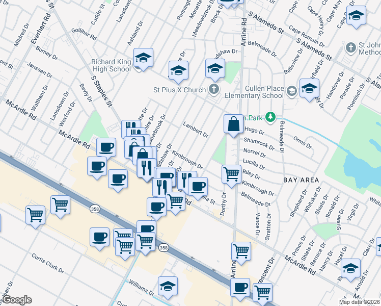 map of restaurants, bars, coffee shops, grocery stores, and more near 1034 Salem Drive in Corpus Christi