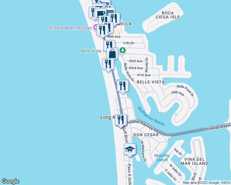map of restaurants, bars, coffee shops, grocery stores, and more near 3804 Gulf Boulevard in St. Pete Beach