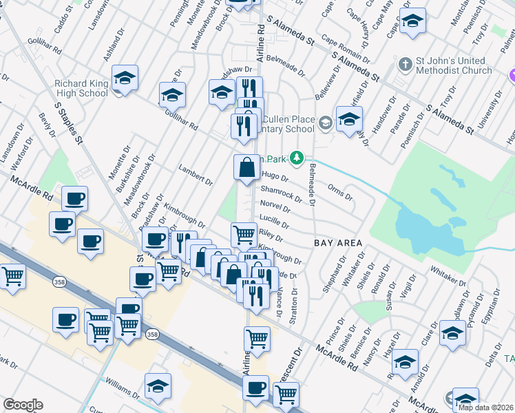 map of restaurants, bars, coffee shops, grocery stores, and more near 5801 Norvel Drive in Corpus Christi
