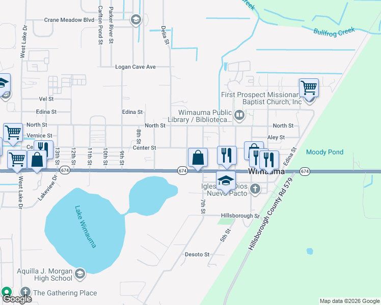 map of restaurants, bars, coffee shops, grocery stores, and more near 602 Sheffield Street in Wimauma