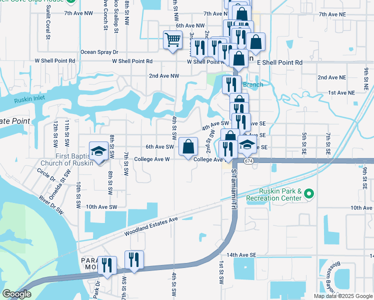 map of restaurants, bars, coffee shops, grocery stores, and more near 214 6th Avenue Southwest in Ruskin