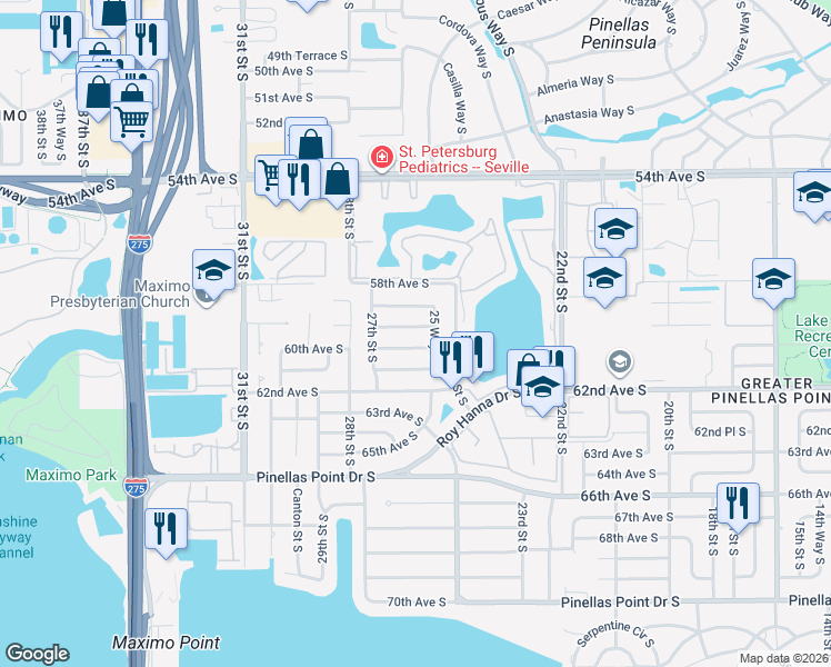 map of restaurants, bars, coffee shops, grocery stores, and more near 2550 59th Avenue South in St. Petersburg