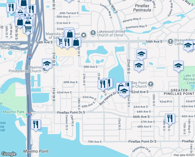 map of restaurants, bars, coffee shops, grocery stores, and more near 2550 59th Ave S in St Petersburg