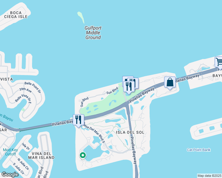 map of restaurants, bars, coffee shops, grocery stores, and more near 6051 Sun Boulevard in St. Petersburg